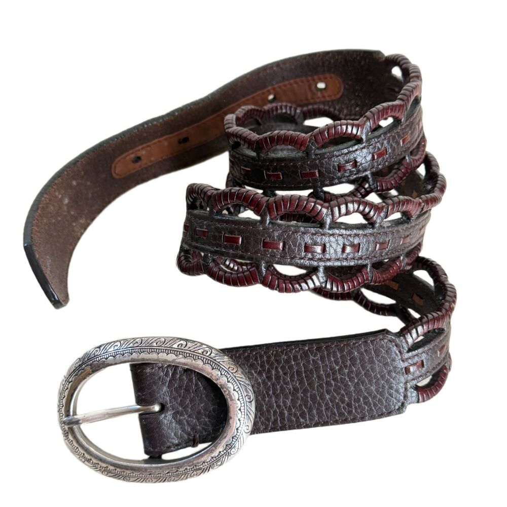 Brighton Braided Scallop Brown Leather Belt Womens Size 32 Boho Western Feminine